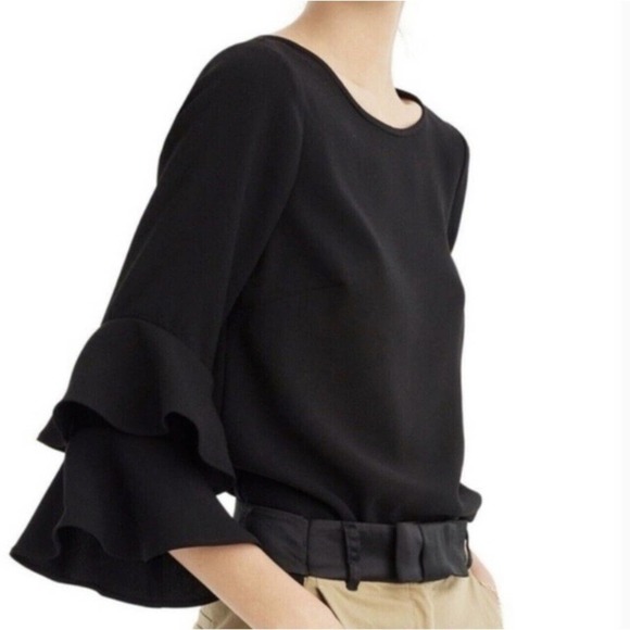 J. Crew Womens Lanatiered Crepe Ruffle Bell Sleeve Blouse Size 2 Green Excellent - Picture 10 of 10